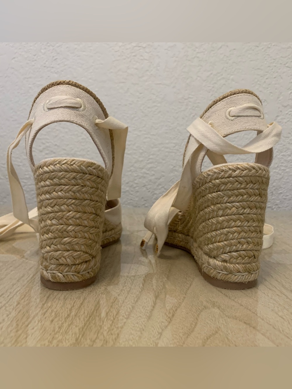 Stuart Weitzman Cream Canvas Espadrille Wedge with Wrap Ankle Ties NWOT - Picture 6 of 8